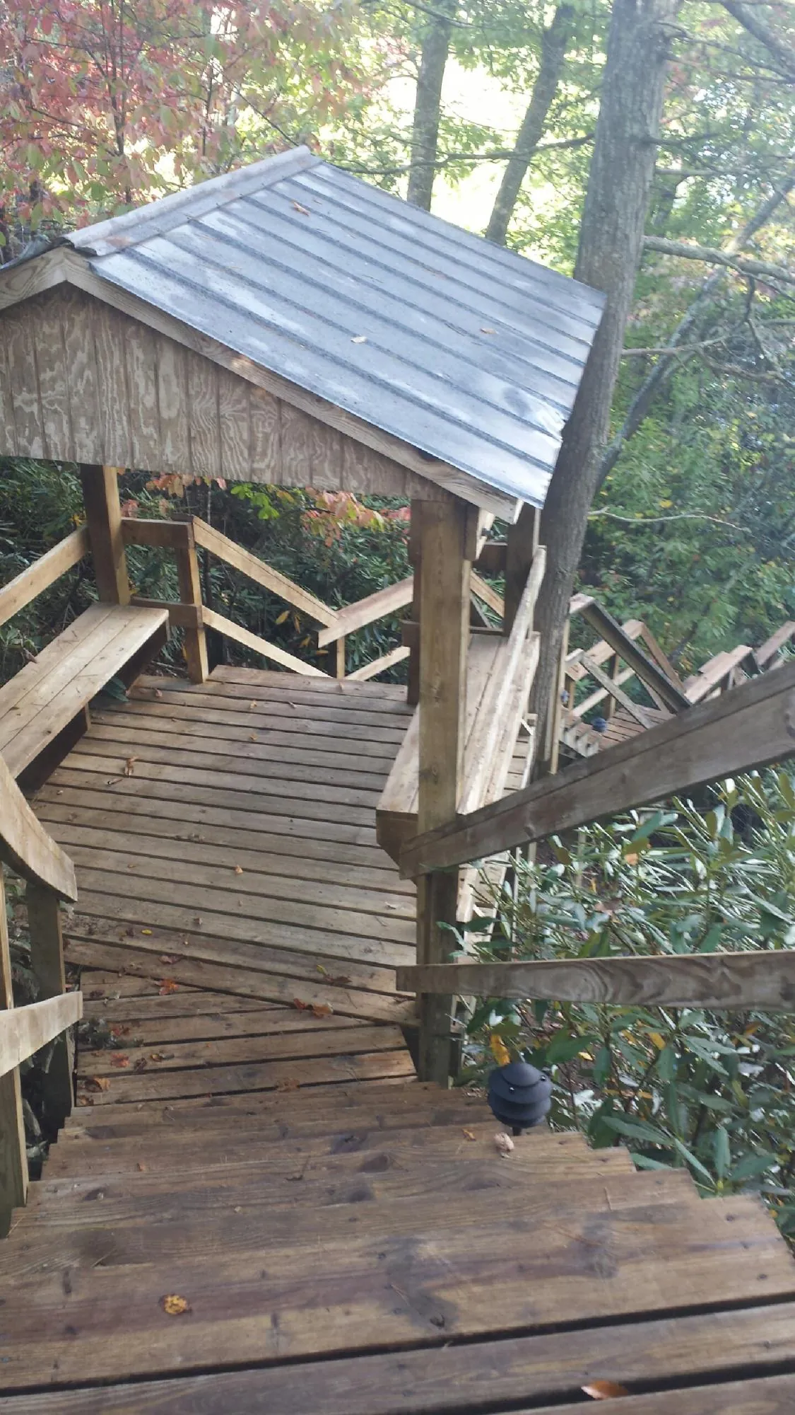Metal roofed shelter over wooden steps on a wooded walkway — Skylight Repair & Installation work by our crew in South Otselic